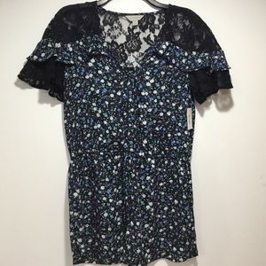 Belle & Ivy Black & Blue Floral Romper with Lace